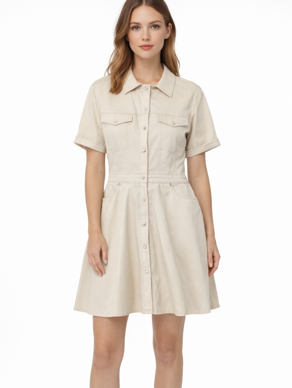 Zara Dress Women's Large Pearl Button Up Cream Knee Length Pockets Collar NWT